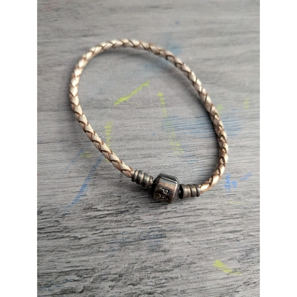 Braided Leather Charm Bracelet Sterling Silver Clasp Champagne Tan